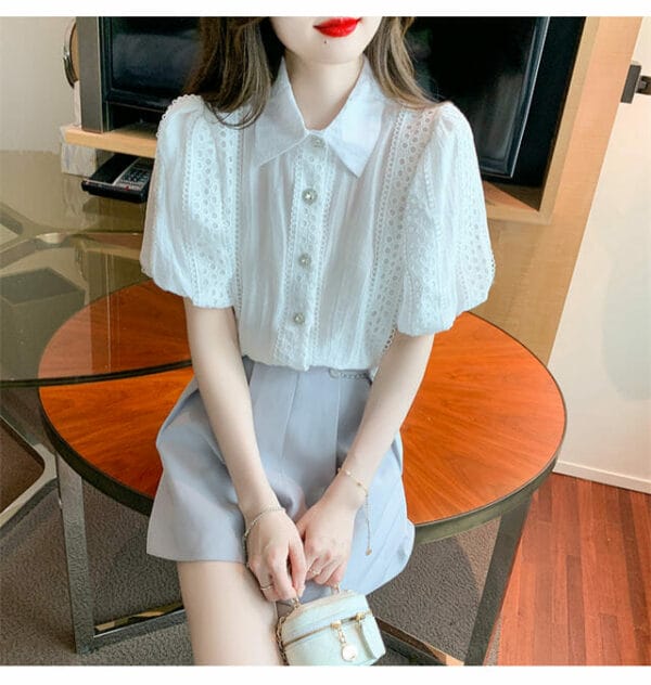 Elegant Lady Lace Hollow Out Shirt Collar Puff Sleeve Blouse 4