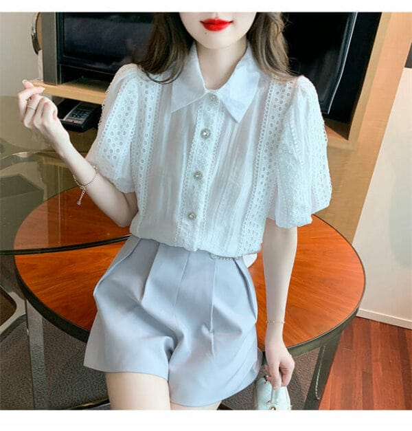 Elegant Lady Lace Hollow Out Shirt Collar Puff Sleeve Blouse 3