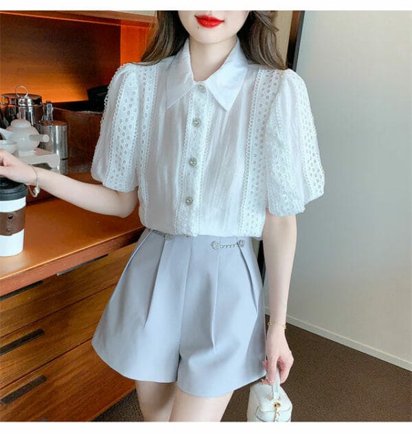 Elegant Lady Lace Hollow Out Shirt Collar Puff Sleeve Blouse 2