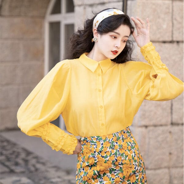 Elegant Lady Puff Sleeve Blouse with Flowers Midi Skirt 4