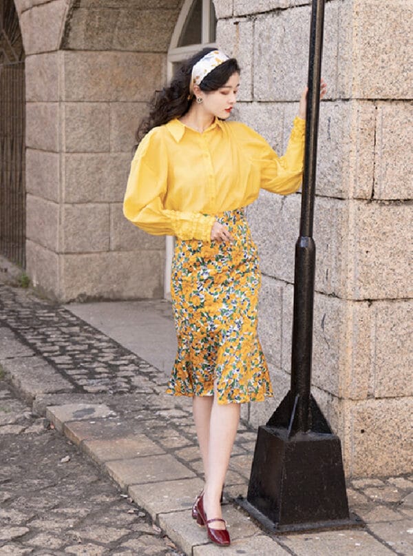 Elegant Lady Puff Sleeve Blouse with Flowers Midi Skirt 3