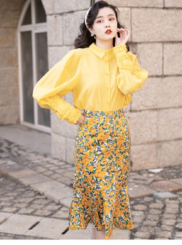 Elegant Lady Puff Sleeve Blouse with Flowers Midi Skirt 1