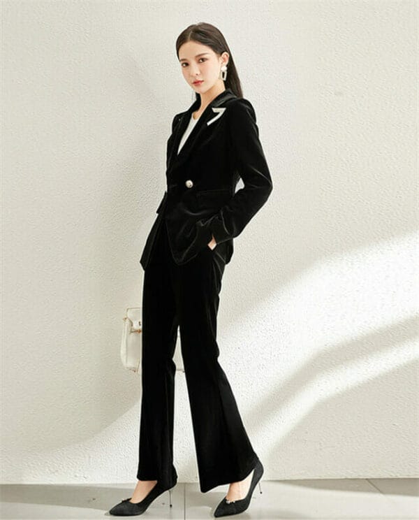 Elegant Lady Tailored Collar Velvet Slim Long Suits 3