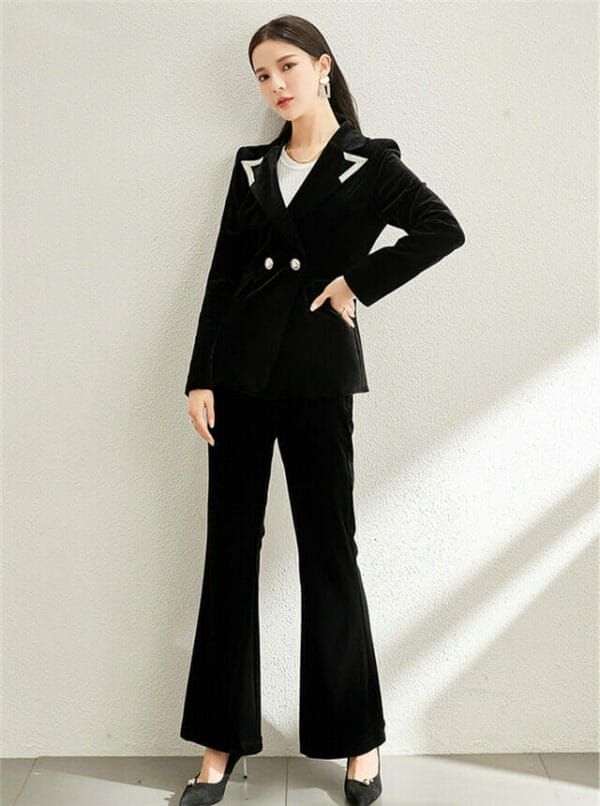 Elegant Lady Tailored Collar Velvet Slim Long Suits 2