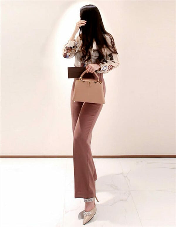 Elegant Lady Tie Collar Flowers Blouse with Straight Long Pants 4