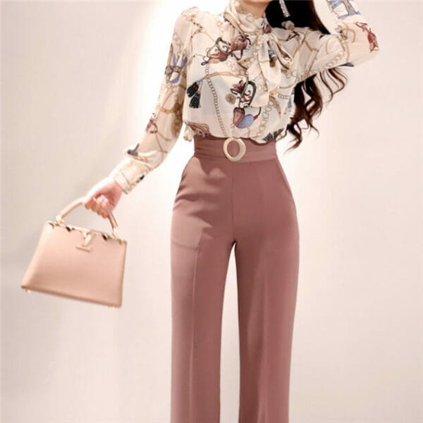 Elegant Lady Tie Collar Flowers Blouse with Straight Long Pants 3