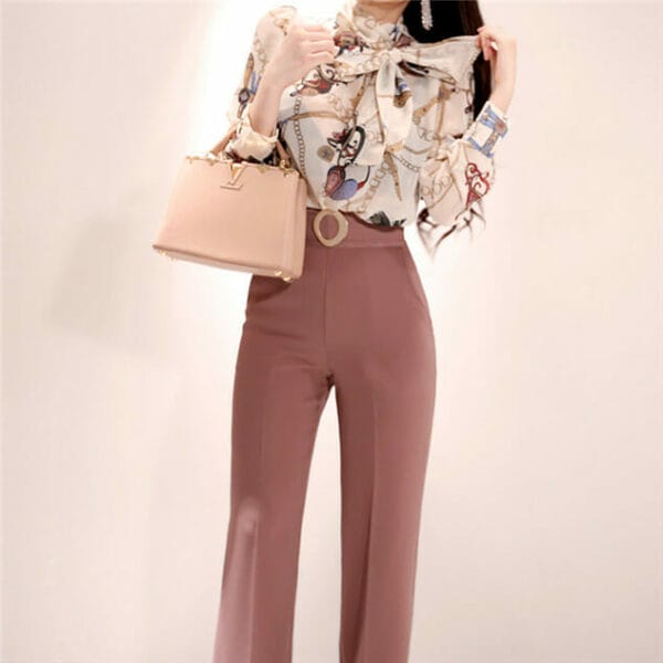 Elegant Lady Tie Collar Flowers Blouse with Straight Long Pants 2