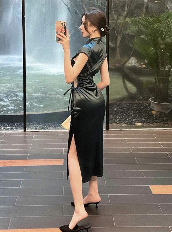 Elegant Lady Tie Waist Hollow Out Split Slim Long Dress 5