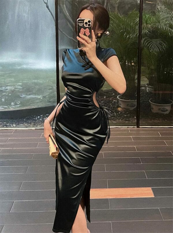Elegant Lady Tie Waist Hollow Out Split Slim Long Dress 4