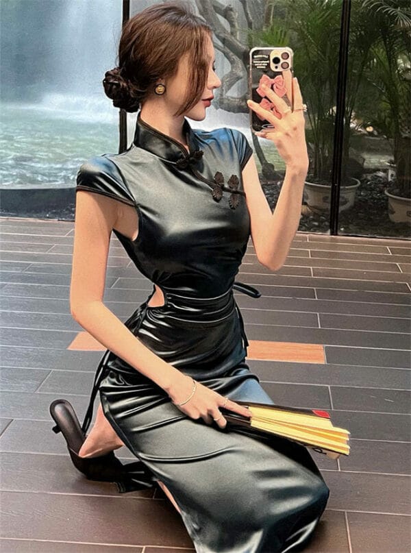 Elegant Lady Tie Waist Hollow Out Split Slim Long Dress 3