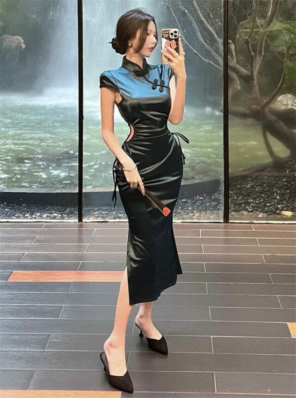 Elegant Lady Tie Waist Hollow Out Split Slim Long Dress 2