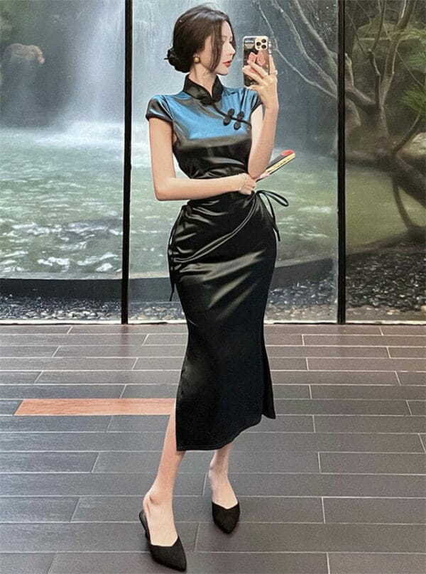 Elegant Lady Tie Waist Hollow Out Split Slim Long Dress 1