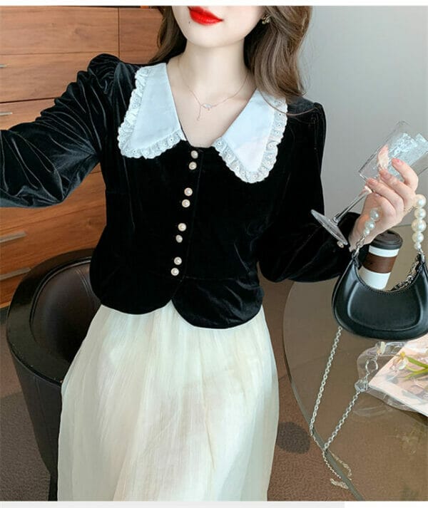 Elegant OL Color Block Doll Collar Velvet Long Sleeve Blouse 4