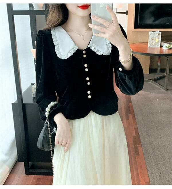 Elegant OL Color Block Doll Collar Velvet Long Sleeve Blouse 3