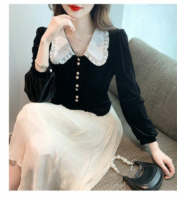 Elegant OL Color Block Doll Collar Velvet Long Sleeve Blouse 2