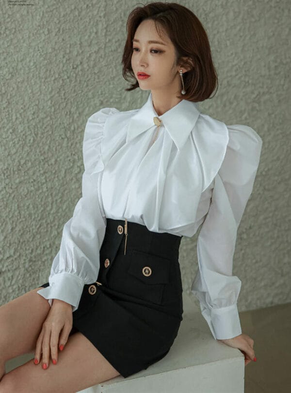 Elegant OL Doll Collar Puff Sleeve Blouse with Slim A-line Skirt 3