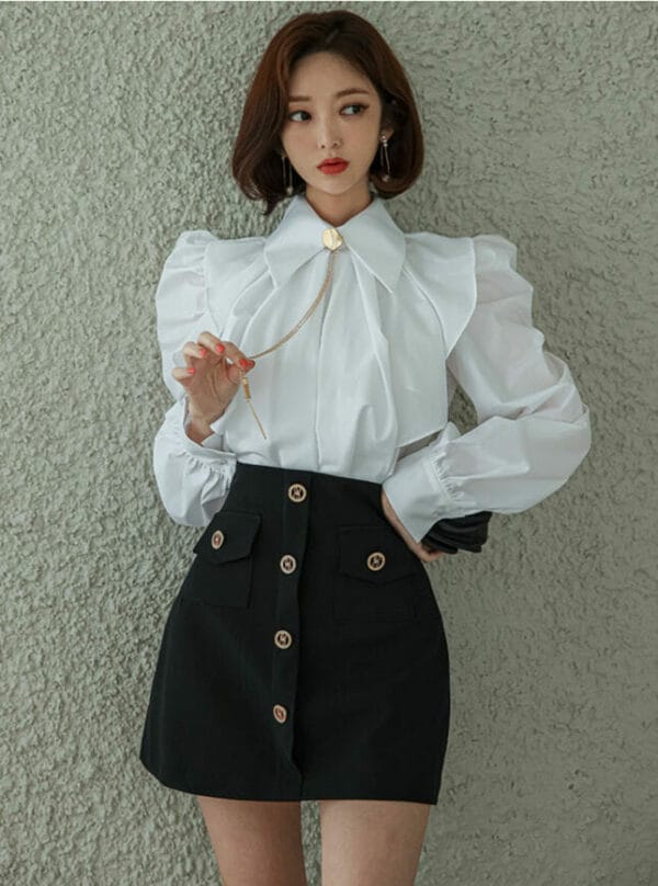 Elegant OL Doll Collar Puff Sleeve Blouse with Slim A-line Skirt 2