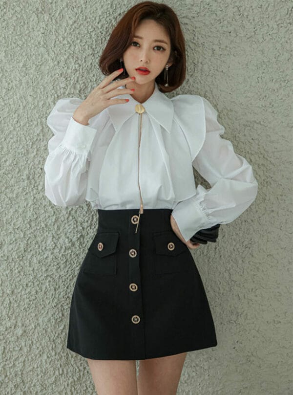 Elegant OL Doll Collar Puff Sleeve Blouse with Slim A-line Skirt 1