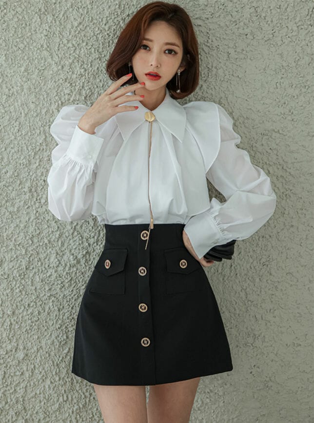 A line black skirt white cheap blouse