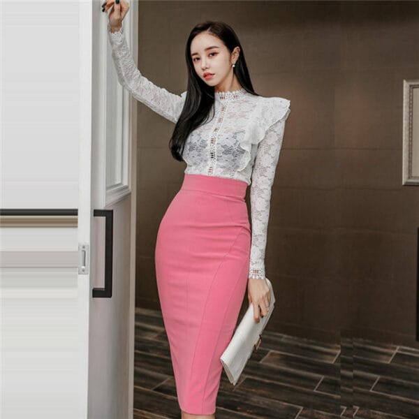 Elegant OL Flouncing Lace Blouse with High Waist Slim Skirt 2