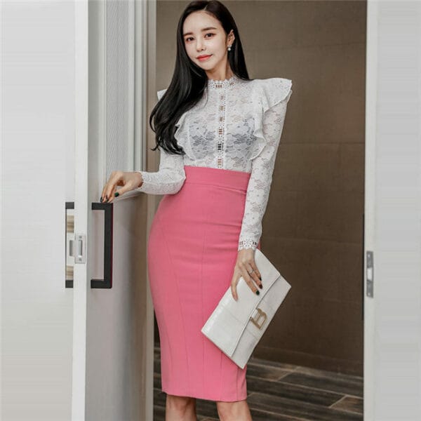 Elegant OL Flouncing Lace Blouse with High Waist Slim Skirt 3