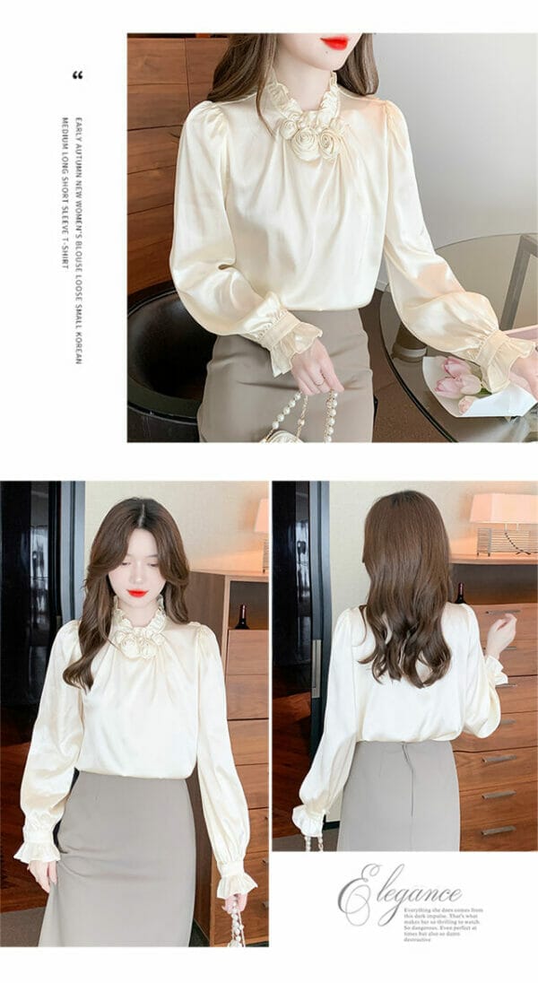 Elegant OL Stereo Flowers Collar Puff Sleeve Blouse 6