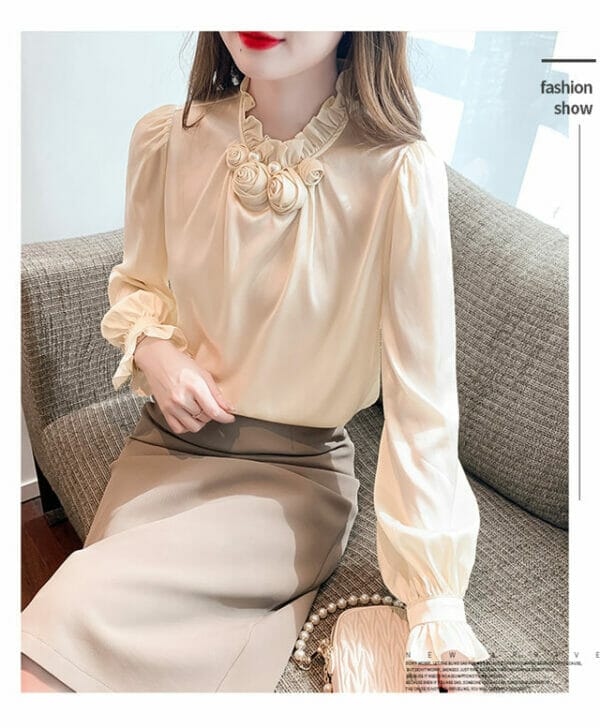 Elegant OL Stereo Flowers Collar Puff Sleeve Blouse 4