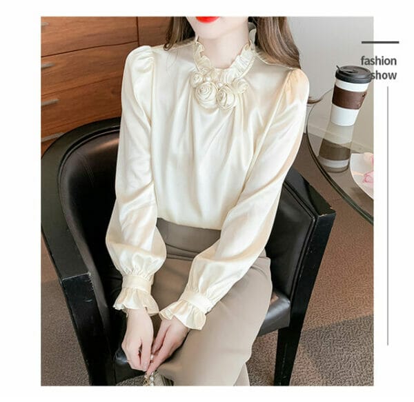 Elegant OL Stereo Flowers Collar Puff Sleeve Blouse 3