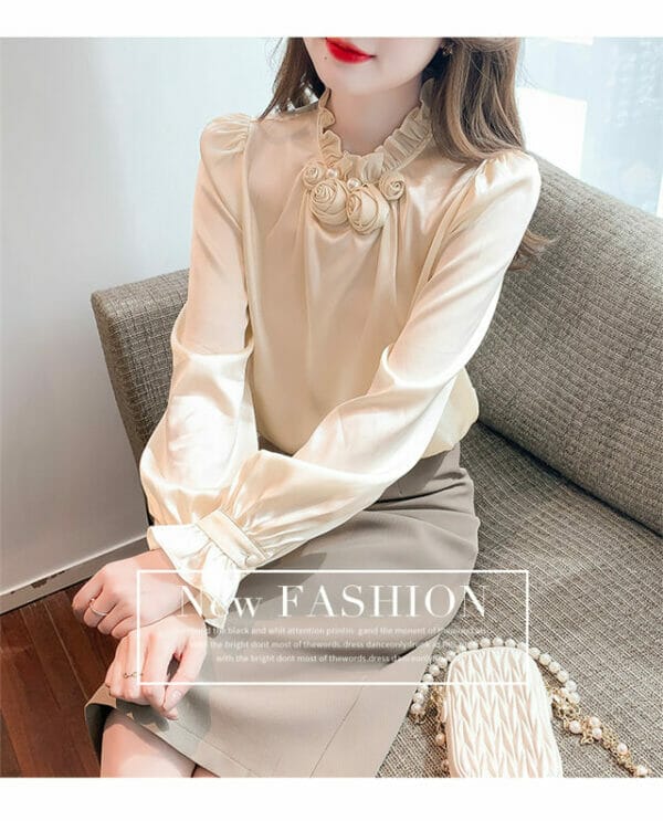 Elegant OL Stereo Flowers Collar Puff Sleeve Blouse 2