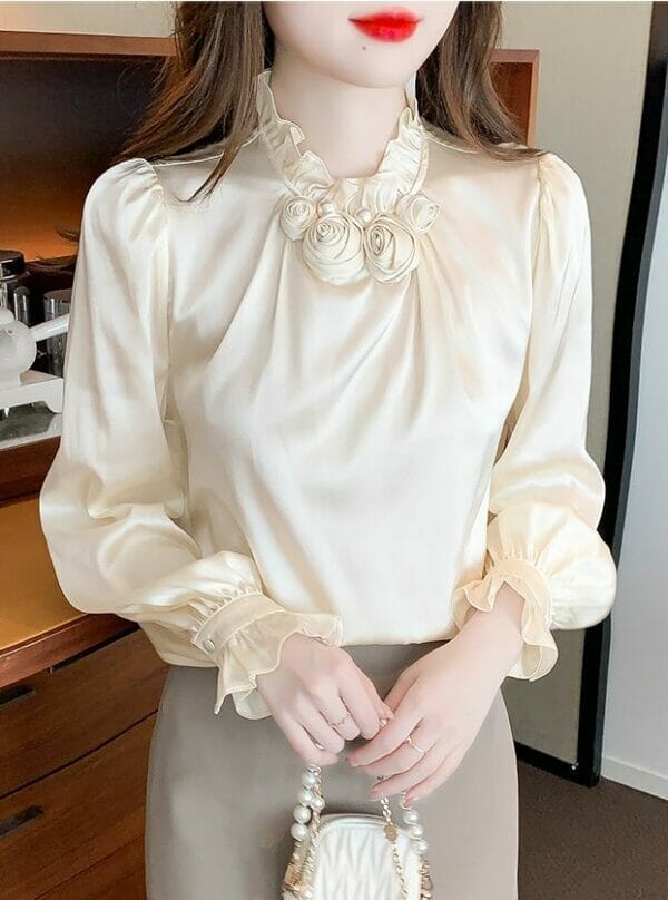 Elegant OL Stereo Flowers Collar Puff Sleeve Blouse 1