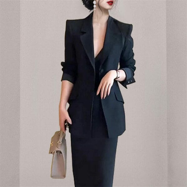 Elegant OL Tailored Collar Slim Jacket with Midi Skirt 4