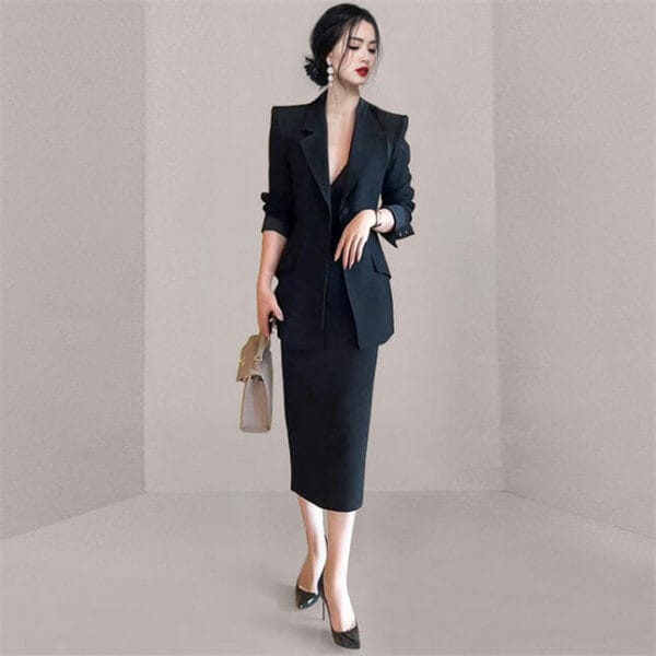Elegant OL Tailored Collar Slim Jacket with Midi Skirt 3