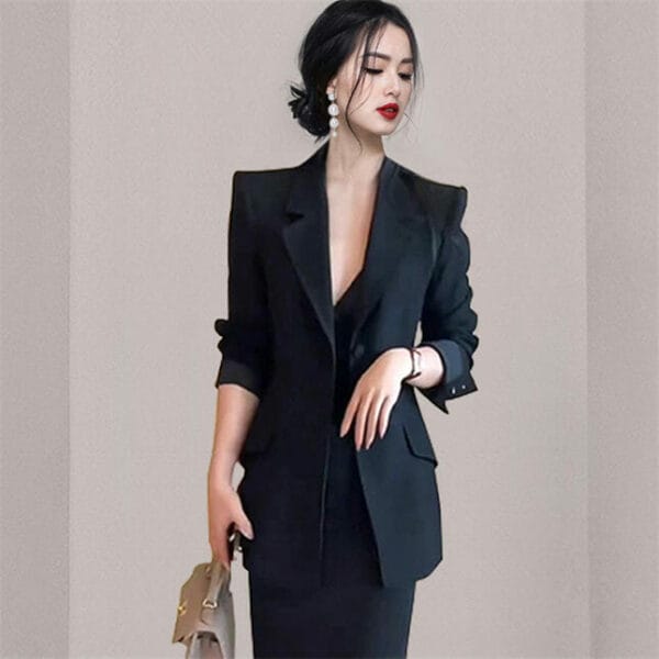 Elegant OL Tailored Collar Slim Jacket with Midi Skirt 2