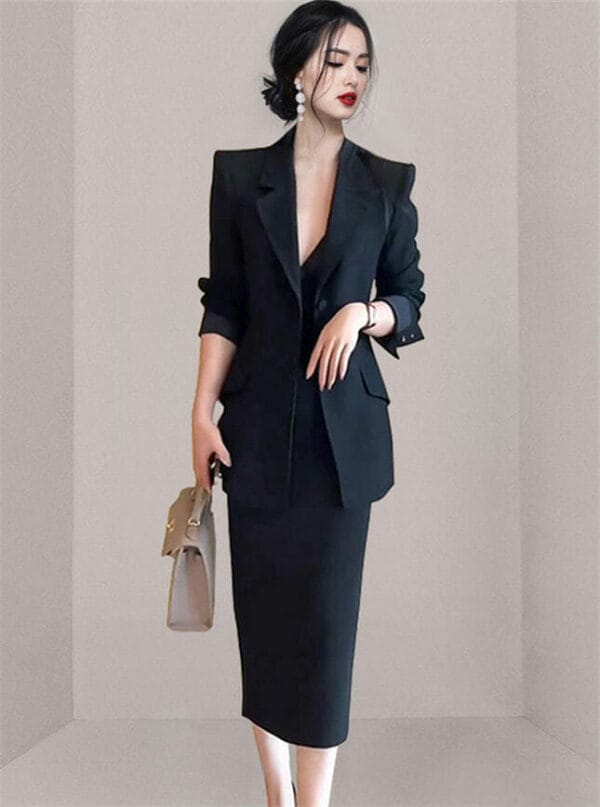 Elegant OL Tailored Collar Slim Jacket with Midi Skirt 1