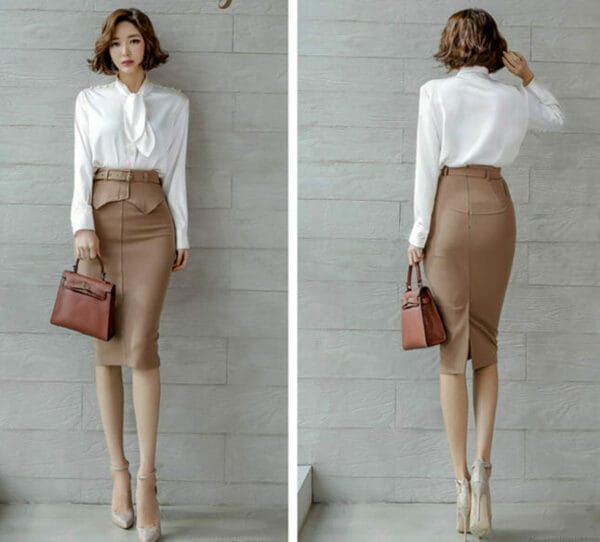 Elegant OL Tie Collar Blouse with Slim Midi Skirt 5