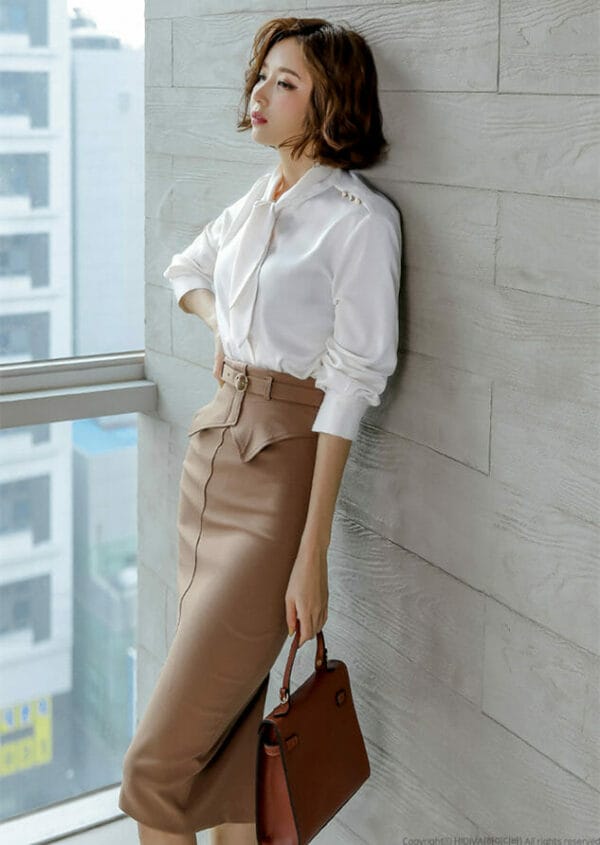 Elegant OL Tie Collar Blouse with Slim Midi Skirt 4