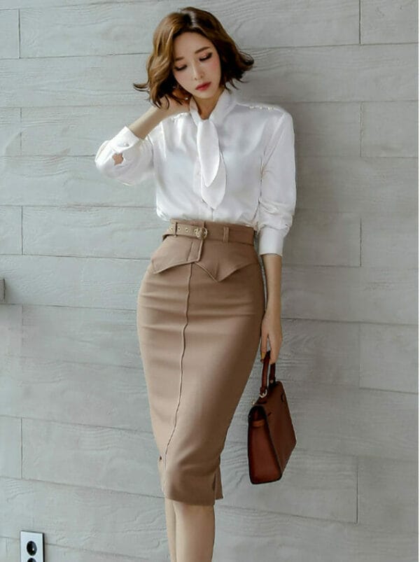 Elegant OL Tie Collar Blouse with Slim Midi Skirt 3