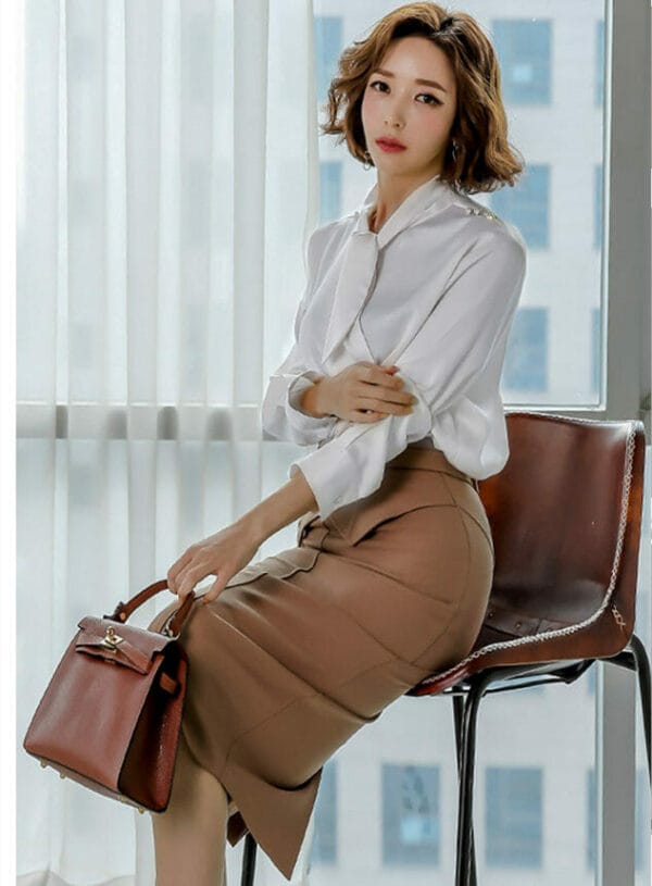 Elegant OL Tie Collar Blouse with Slim Midi Skirt 2