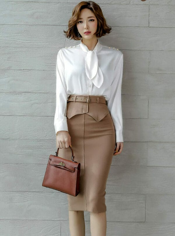 Elegant OL Tie Collar Blouse with Slim Midi Skirt 1