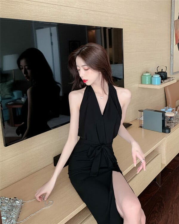 Elegant Sexy 2 Colors Backless Tie Waist Halter Dress 6