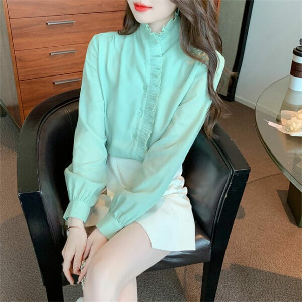 Elegant Women Pleated Stand Collar Long Sleeve Blouse 5