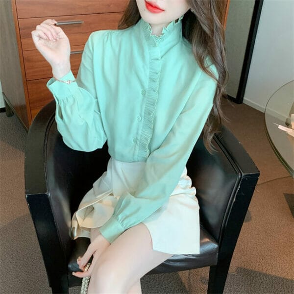 Elegant Women Pleated Stand Collar Long Sleeve Blouse 4