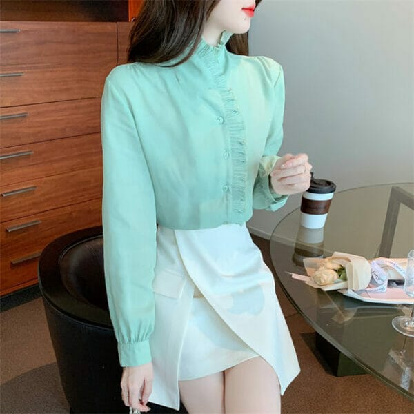 Elegant Women Pleated Stand Collar Long Sleeve Blouse 3