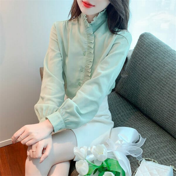 Elegant Women Pleated Stand Collar Long Sleeve Blouse 2