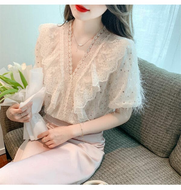 Fairy Charming Lace Flouncing Sequins Puff Sleeve Blouse 5