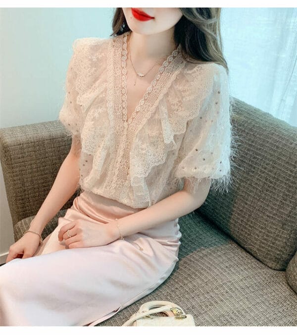 Fairy Charming Lace Flouncing Sequins Puff Sleeve Blouse 4