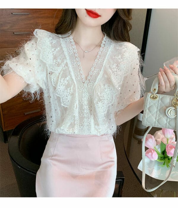 Fairy Charming Lace Flouncing Sequins Puff Sleeve Blouse 3