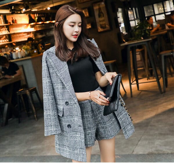 Fashion 2 Colors Double-breasted Tailored Colalr Plaids Woolen Set 6