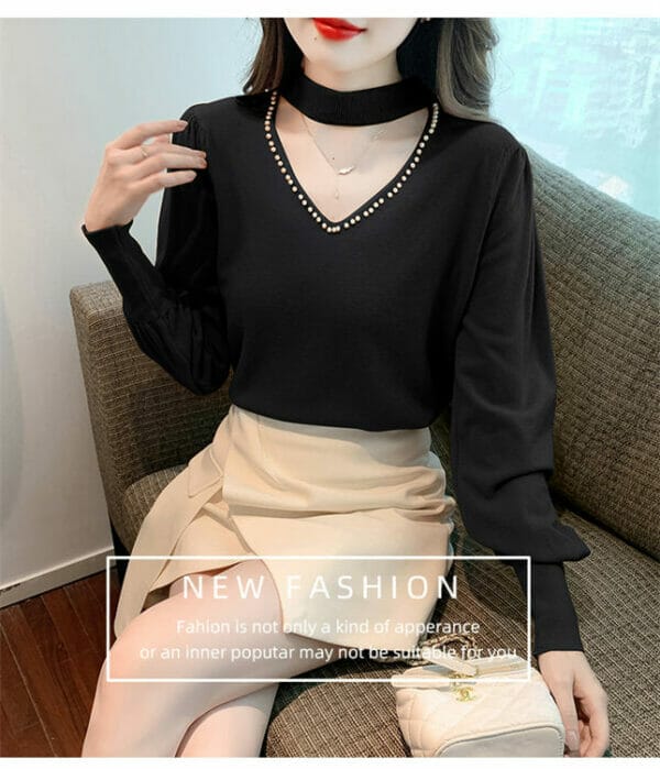 Fashion 3 Colors Beads V-neck Puff Sleeve Knit T-shirt 6