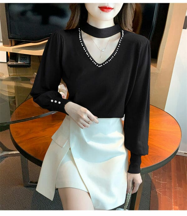 Fashion 3 Colors Beads V-neck Puff Sleeve Knit T-shirt 5